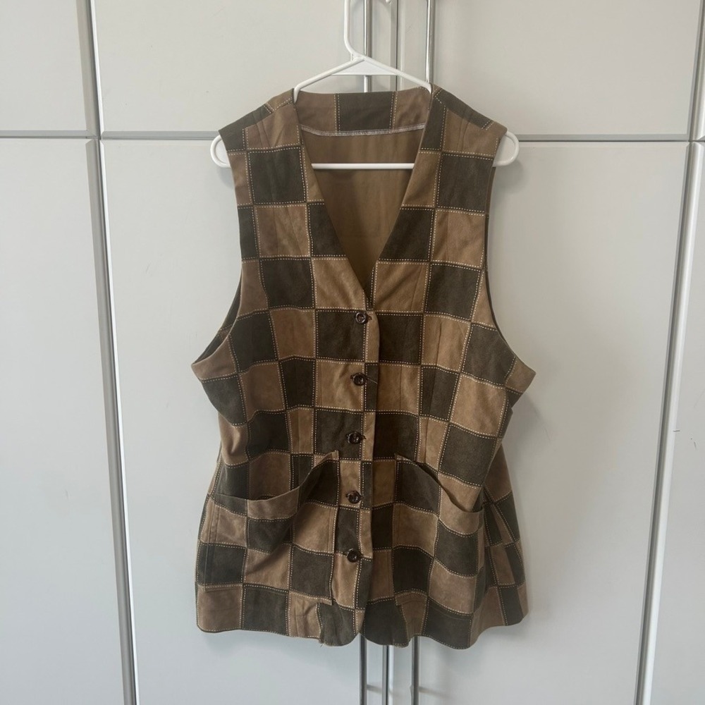 Vintage Brown Patchwork Checkered Suede Style Button Front Vest Boho Western L‎